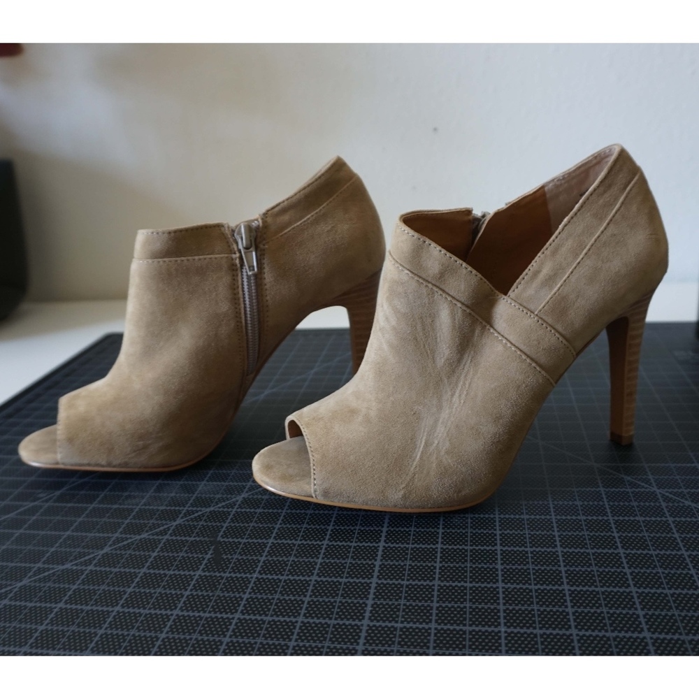 tan suede open toe heeled booties